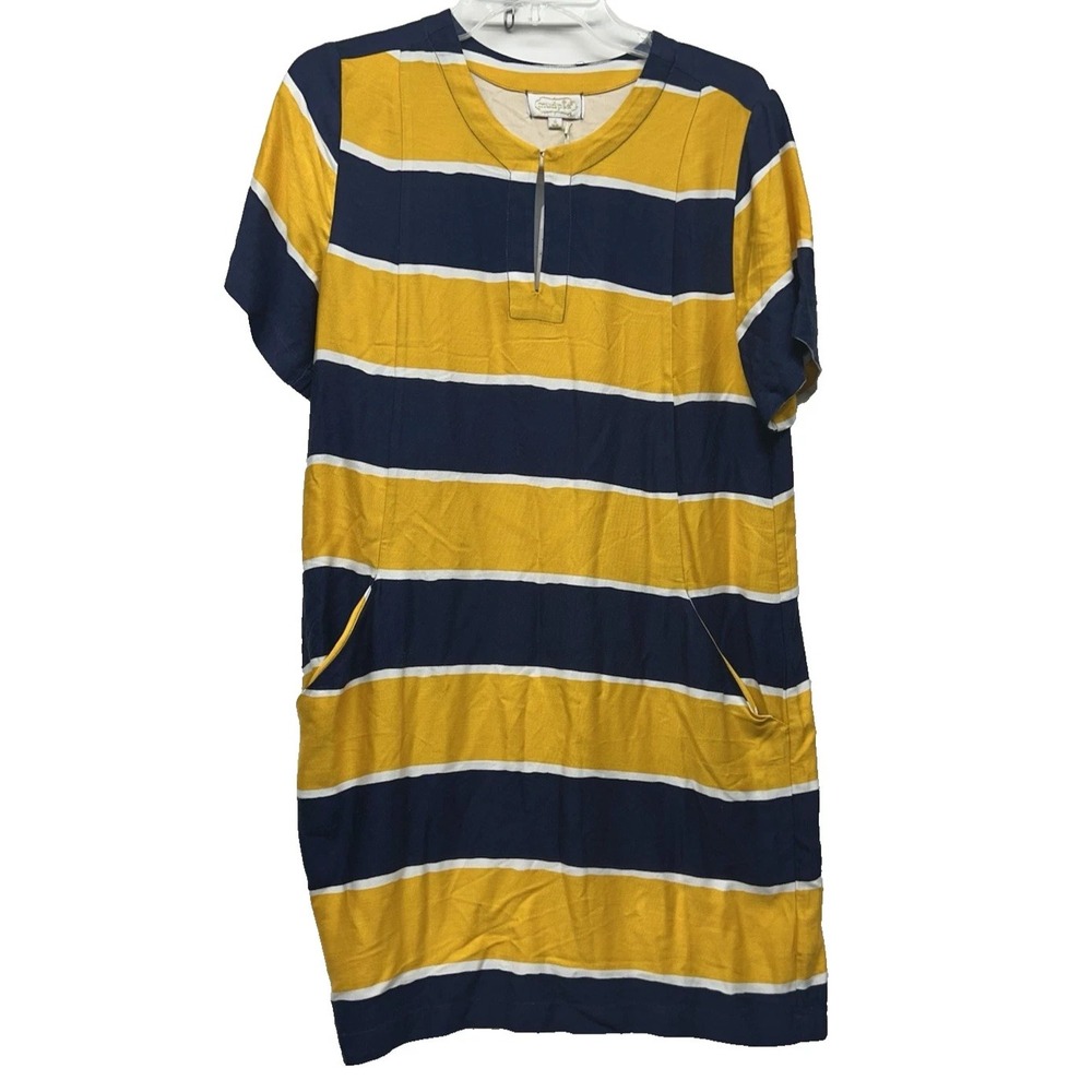 Mud Pie Women's Small Margot Shift Yellow Navy Striped Rayon Dress New (E2)